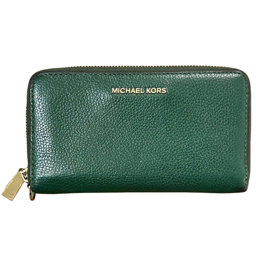 Michael Kors Jet Set Dark Green Pebbled Wallet Zip Around Card Slots ID Window